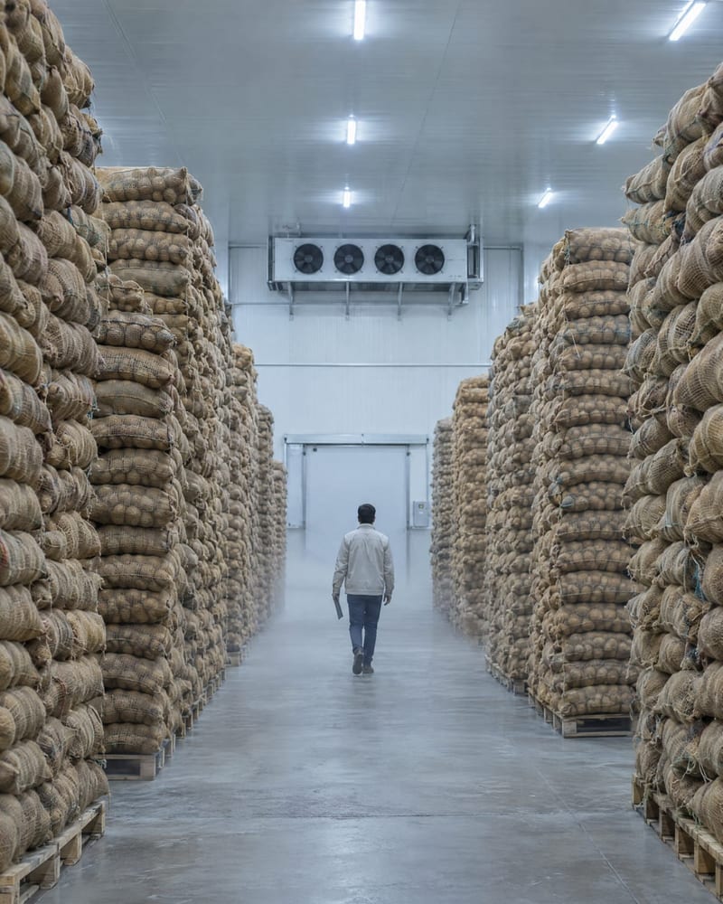 Aisle of a potato cold storage with stacked sacks