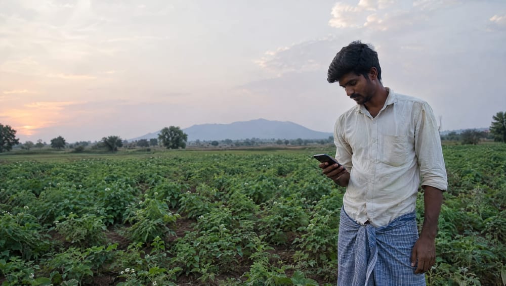 Young farmer checking his phone at the edge of a potato field