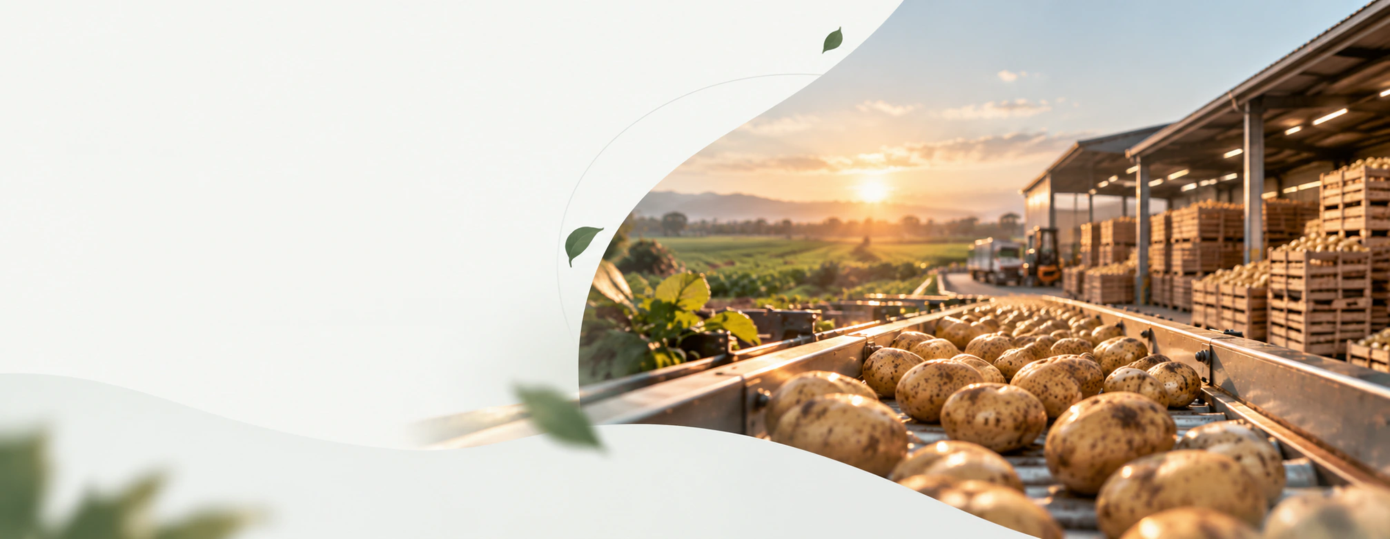 A potato sorting conveyor at sunset beside a field and a cold storage shed