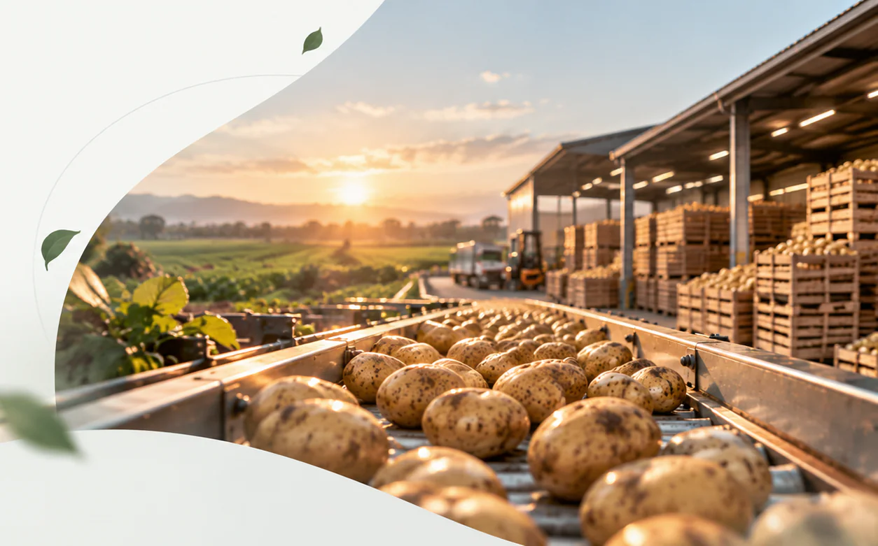 A potato sorting conveyor at sunset beside a field and a cold storage shed