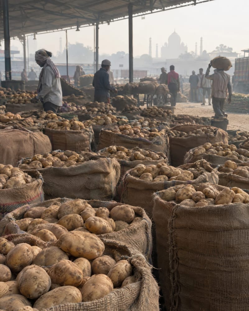 Sacks of potatoes at a mandi at dawn