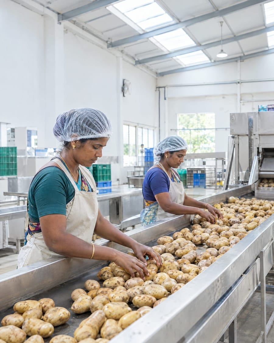 Workers sorting potatoes on a packing line