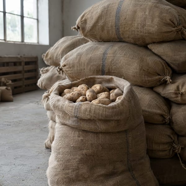 Stacked sacks of potatoes in a warehouse