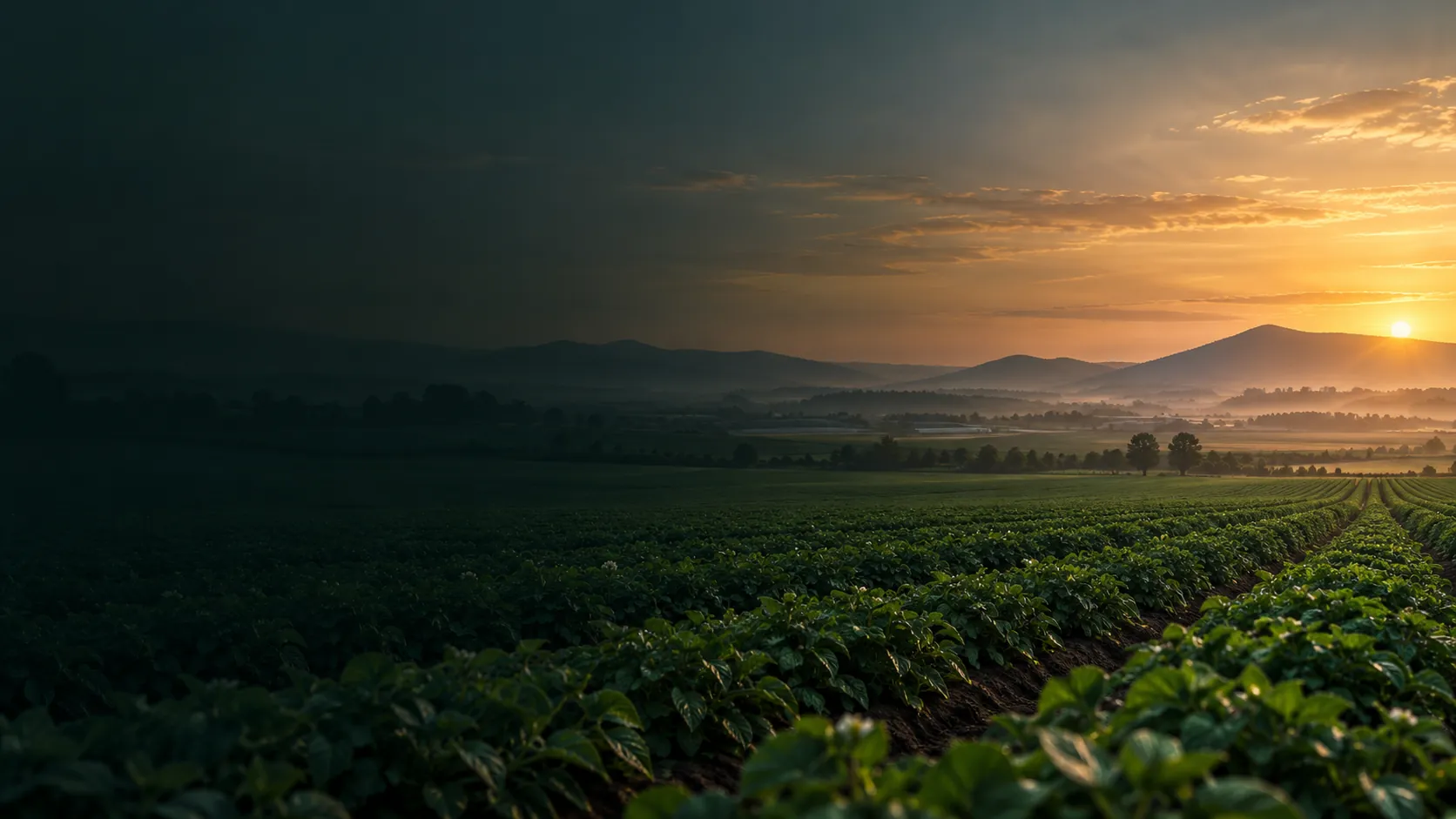 A potato field at sunset with distant hills and a warm horizon