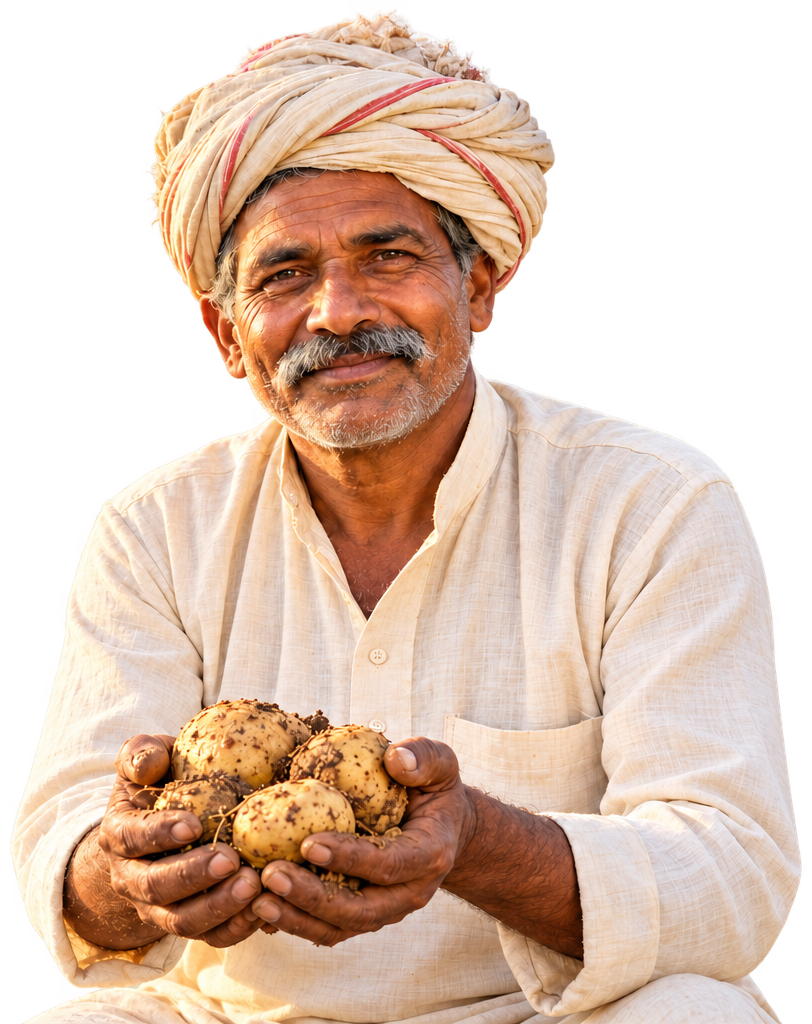Rural Indian potato farmer holding freshly harvested potatoes in his field
